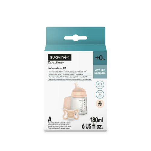Set de start: biberon 180 ml, tetină debit variabil A și suzetă 2–2 luni - FAIR | ZERO ZERO 2