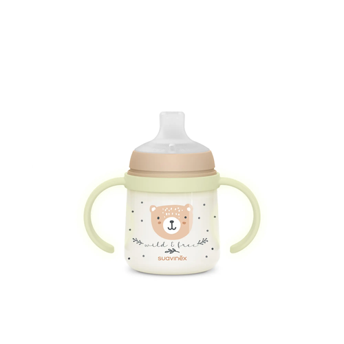 Prima cană a bebelușului - Cană de antrenament cu cioc din silicon și mânere fosforescente, 150 ml - bej |Wild & Free 4