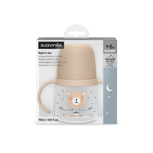 Prima cană a bebelușului - Cană de antrenament cu cioc din silicon și mânere fosforescente, 150 ml - bej |Wild & Free 6