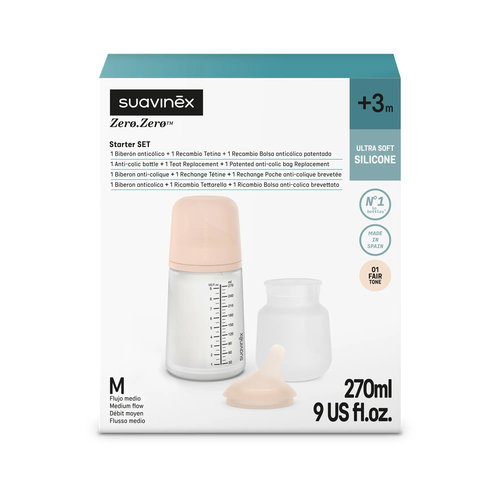 Kit de start Zero.Zero cu biberon 270 ml, tetină debit mediu (M) și sac de silicon  - FAIR | ZERO ZERO 2