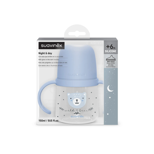 Prima cană a bebelușului - Cană de antrenament cu cioc din silicon și mânere fosforescente, 150 ml - albastru |Wild & Free 5