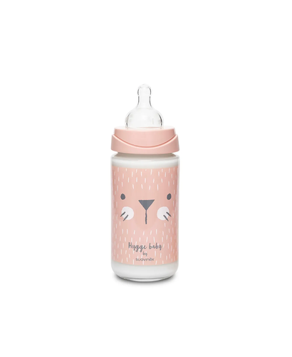 Biberon din sticlă 240 ml, 3 debite, tetină rotundă - pisică roz | Hygge Baby 2