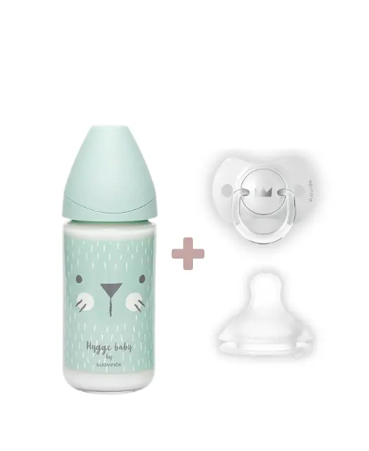 Biberon din sticlă 240 ml, 3 debite, tetină rotundă - pisică mentă | Hygge Baby 1