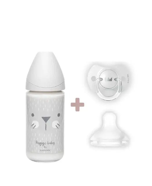 Biberon din sticlă 240 ml, 3 debite, tetină rotundă - pisică bej | Hygge Baby 1