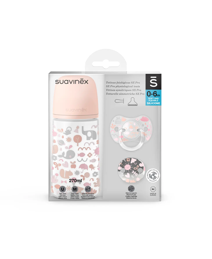 Set cadou Biberon 270ml, Suzetă 0–6 luni, Clips – roz | Memories 1
