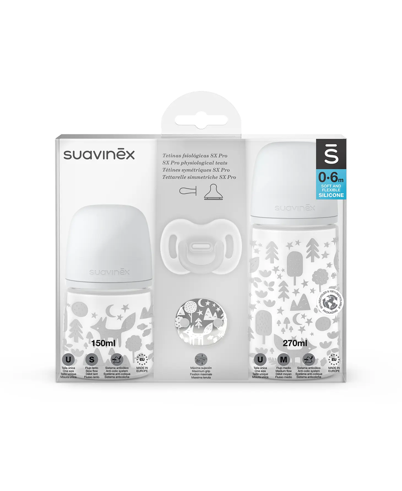 Set cadou biberon 150 ml și 270 ml, suzetă 0–6 luni, clips –  Gri | Fox 1